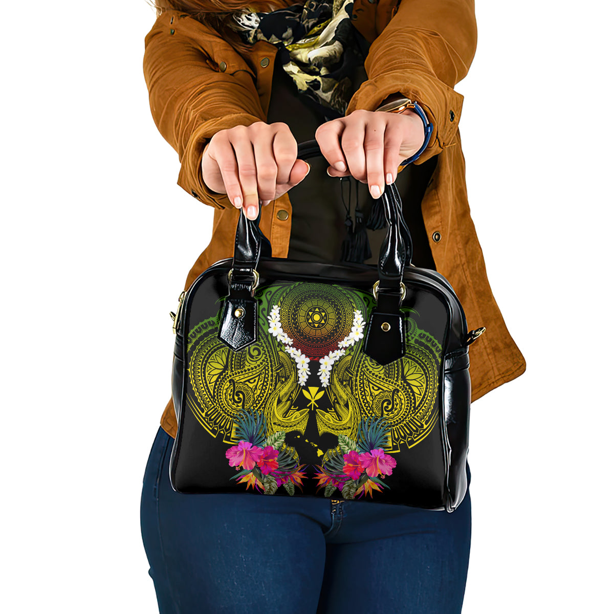 Hawaii Kanaka Maoli Shoulder Handbag Double Shark and Hibiscus Flowers LT03 One Size Black - Polynesian Pride