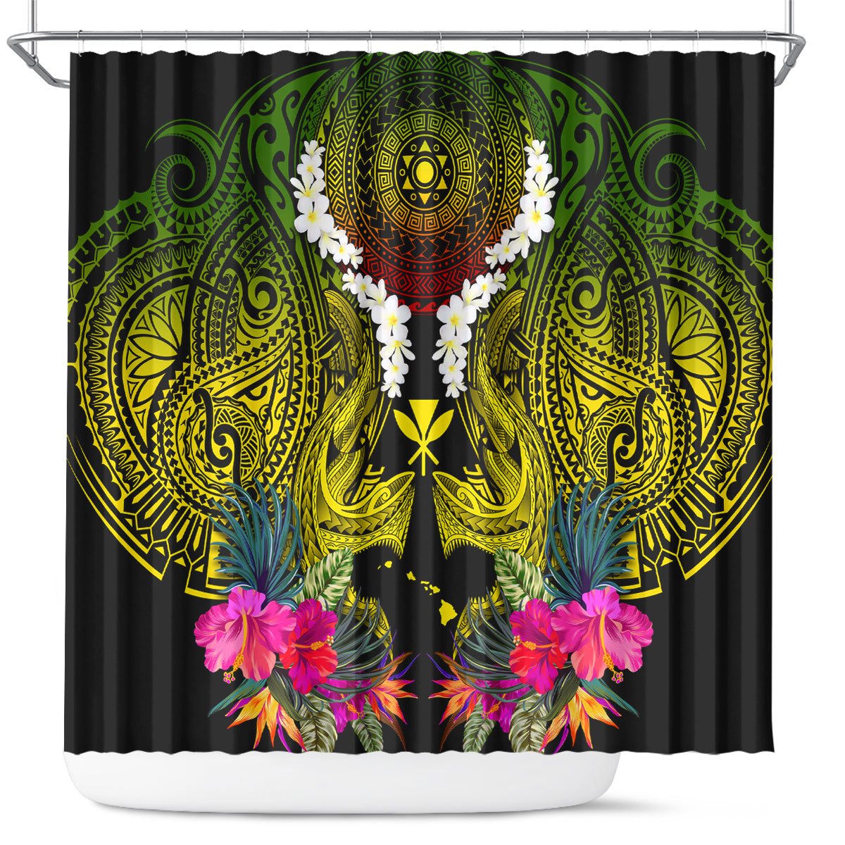 Hawaii Kanaka Maoli Shower Curtain Double Shark and Hibiscus Flowers LT03 Black - Polynesian Pride