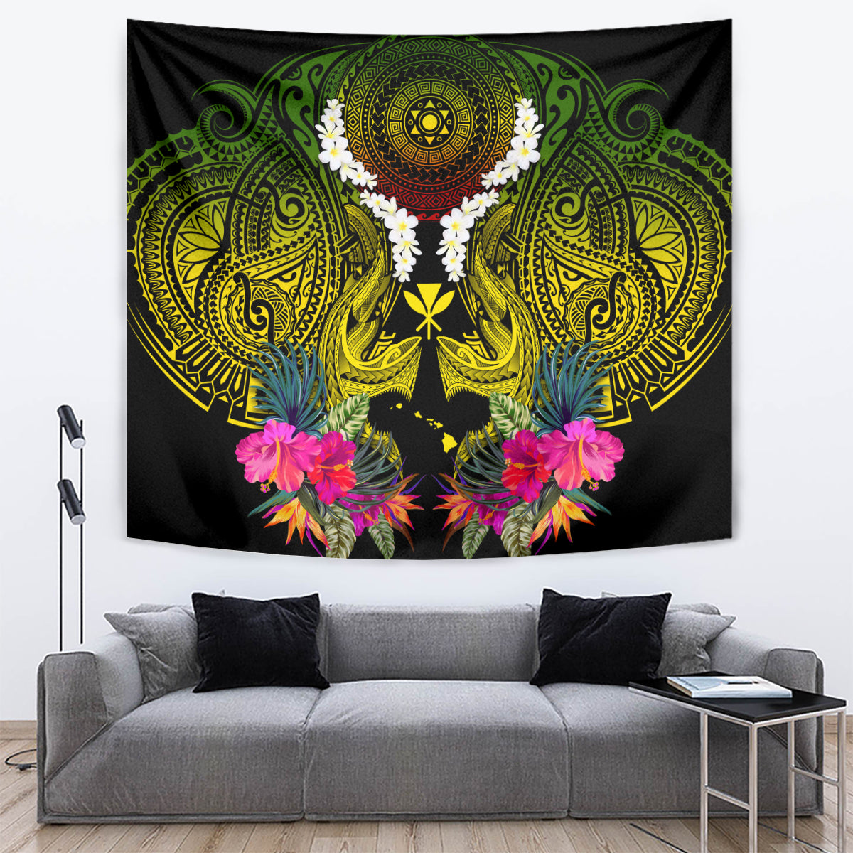 Hawaii Kanaka Maoli Tapestry Double Shark and Hibiscus Flowers LT03 Black - Polynesian Pride