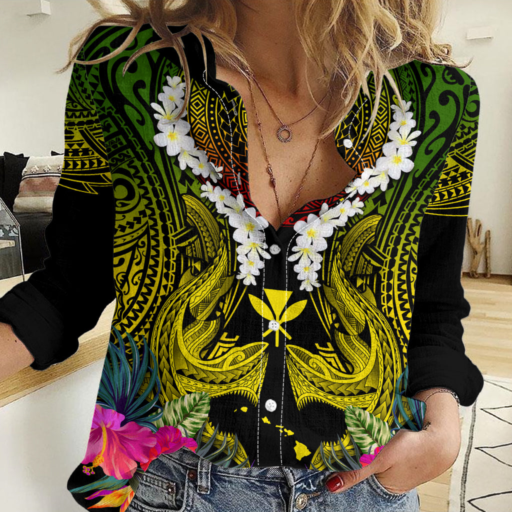Hawaii Kanaka Maoli Women Casual Shirt Double Shark and Hibiscus Flowers