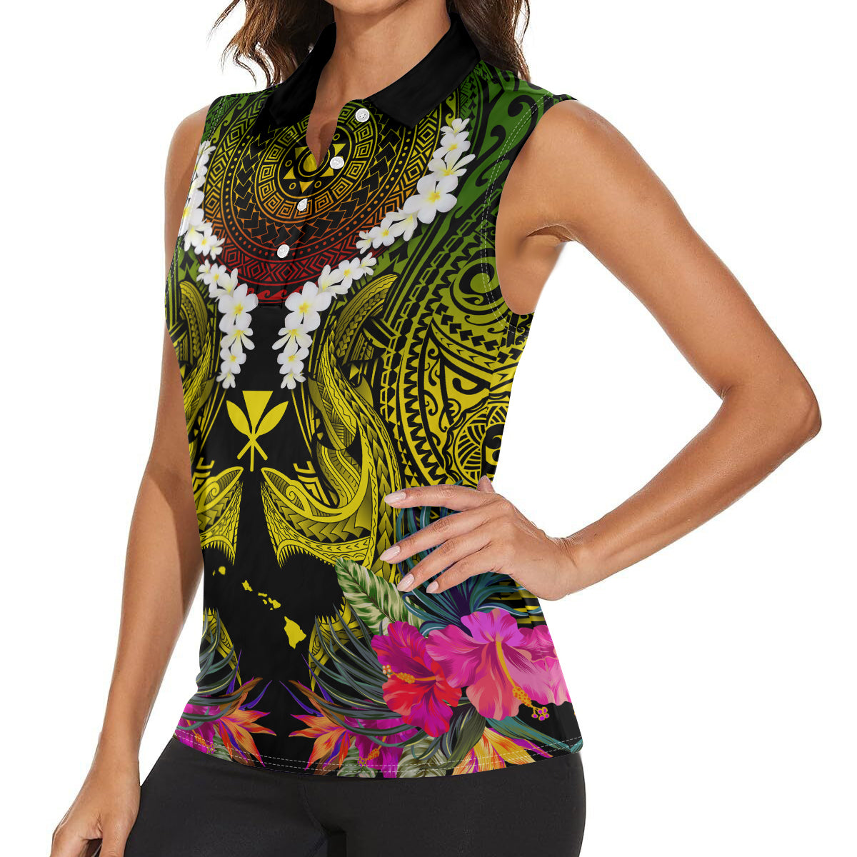 Hawaii Kanaka Maoli Women Sleeveless Polo Shirt Double Shark and Hibiscus Flowers