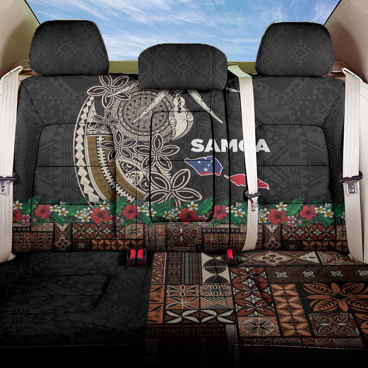 Samoa Siapo Polynesian Art Back Car Seat Cover Tropical Flowers and Tatau Pattern Brown