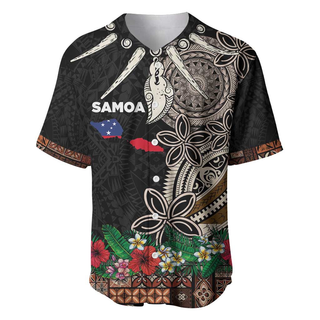 Samoa Siapo Polynesian Art Baseball Jersey Tropical Flowers and Tatau Pattern Brown