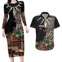 Samoa Siapo Polynesian Art Couples Matching Long Sleeve Bodycon Dress and Hawaiian Shirt Tropical Flowers and Tatau Pattern Brown