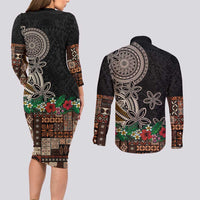 Samoa Siapo Polynesian Art Couples Matching Long Sleeve Bodycon Dress and Long Sleeve Button Shirt Tropical Flowers and Tatau Pattern Brown