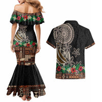 Samoa Siapo Polynesian Art Couples Matching Mermaid Dress and Hawaiian Shirt Tropical Flowers and Tatau Pattern Brown