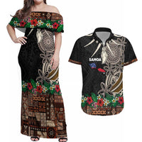 Samoa Siapo Polynesian Art Couples Matching Off Shoulder Maxi Dress and Hawaiian Shirt Tropical Flowers and Tatau Pattern Brown