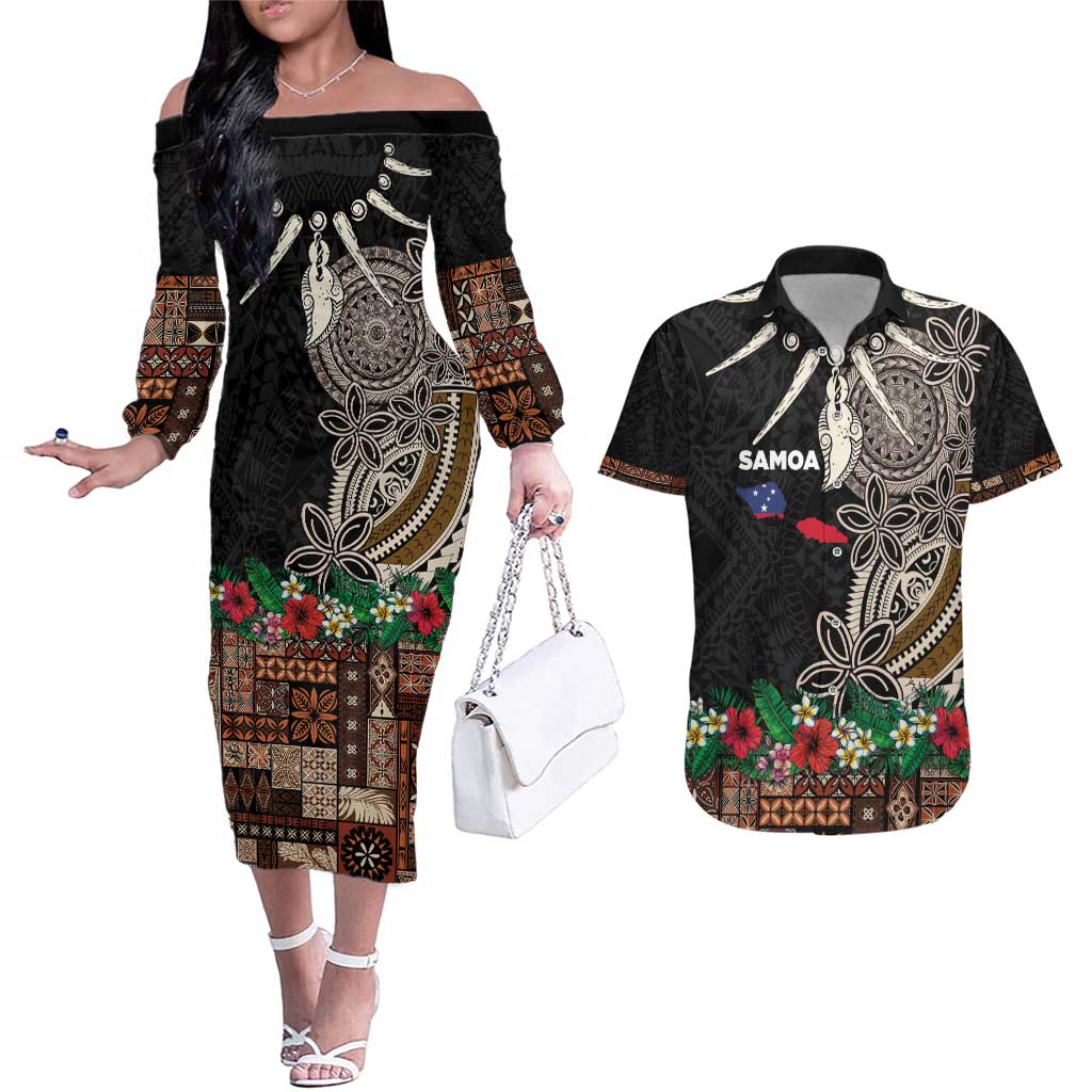 Samoa Siapo Polynesian Art Couples Matching Off The Shoulder Long Sleeve Dress and Hawaiian Shirt Tropical Flowers and Tatau Pattern Brown