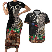 Samoa Siapo Polynesian Art Couples Matching Short Sleeve Bodycon Dress and Hawaiian Shirt Tropical Flowers and Tatau Pattern Brown