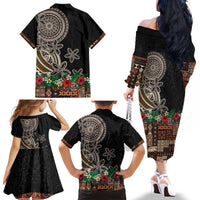 Samoa Siapo Polynesian Art Family Matching Off The Shoulder Long Sleeve Dress and Hawaiian Shirt Tropical Flowers and Tatau Pattern Brown