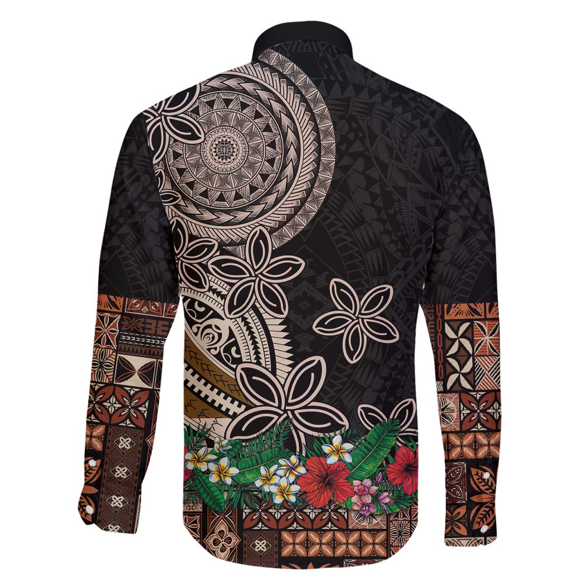 Samoa Siapo Polynesian Art Family Matching Off The Shoulder Long Sleeve Dress and Hawaiian Shirt Tropical Flowers and Tatau Pattern Brown