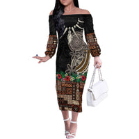 Samoa Siapo Polynesian Art Family Matching Off The Shoulder Long Sleeve Dress and Hawaiian Shirt Tropical Flowers and Tatau Pattern Brown