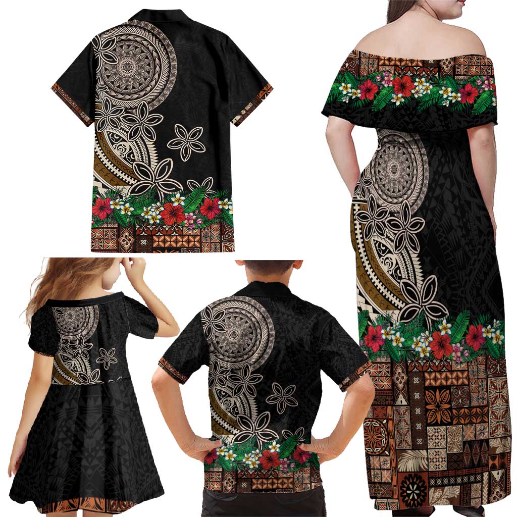 Samoa Siapo Polynesian Art Family Matching Off Shoulder Maxi Dress and Hawaiian Shirt Tropical Flowers and Tatau Pattern Brown