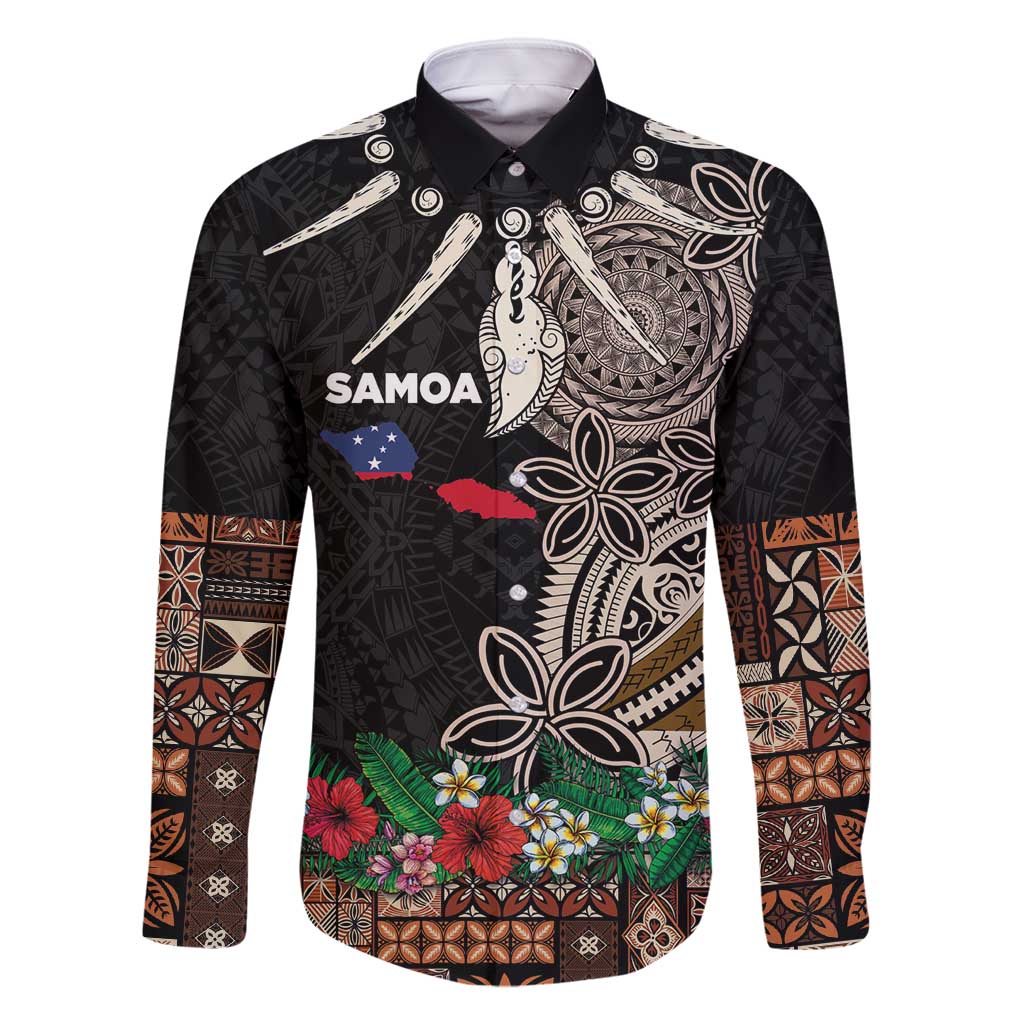 Samoa Siapo Polynesian Art Family Matching Off Shoulder Maxi Dress and Hawaiian Shirt Tropical Flowers and Tatau Pattern Brown