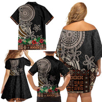 Samoa Siapo Polynesian Art Family Matching Off Shoulder Short Dress and Hawaiian Shirt Tropical Flowers and Tatau Pattern Brown