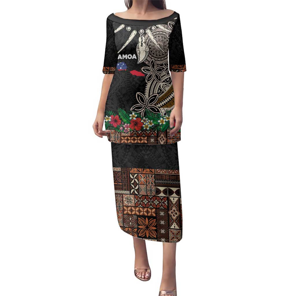 Samoa Siapo Polynesian Art Family Matching Puletasi and Hawaiian Shirt Tropical Flowers and Tatau Pattern Brown