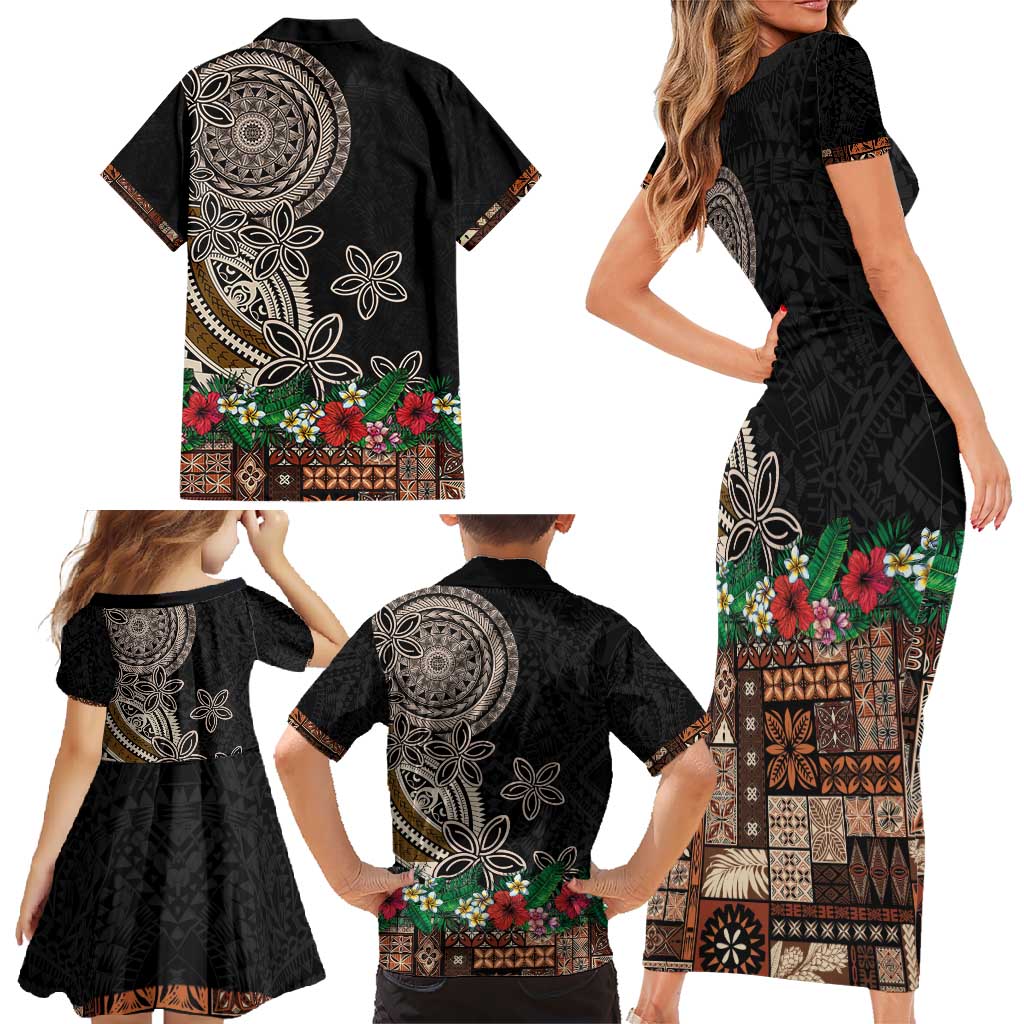 Samoa Siapo Polynesian Art Family Matching Short Sleeve Bodycon Dress and Hawaiian Shirt Tropical Flowers and Tatau Pattern Brown