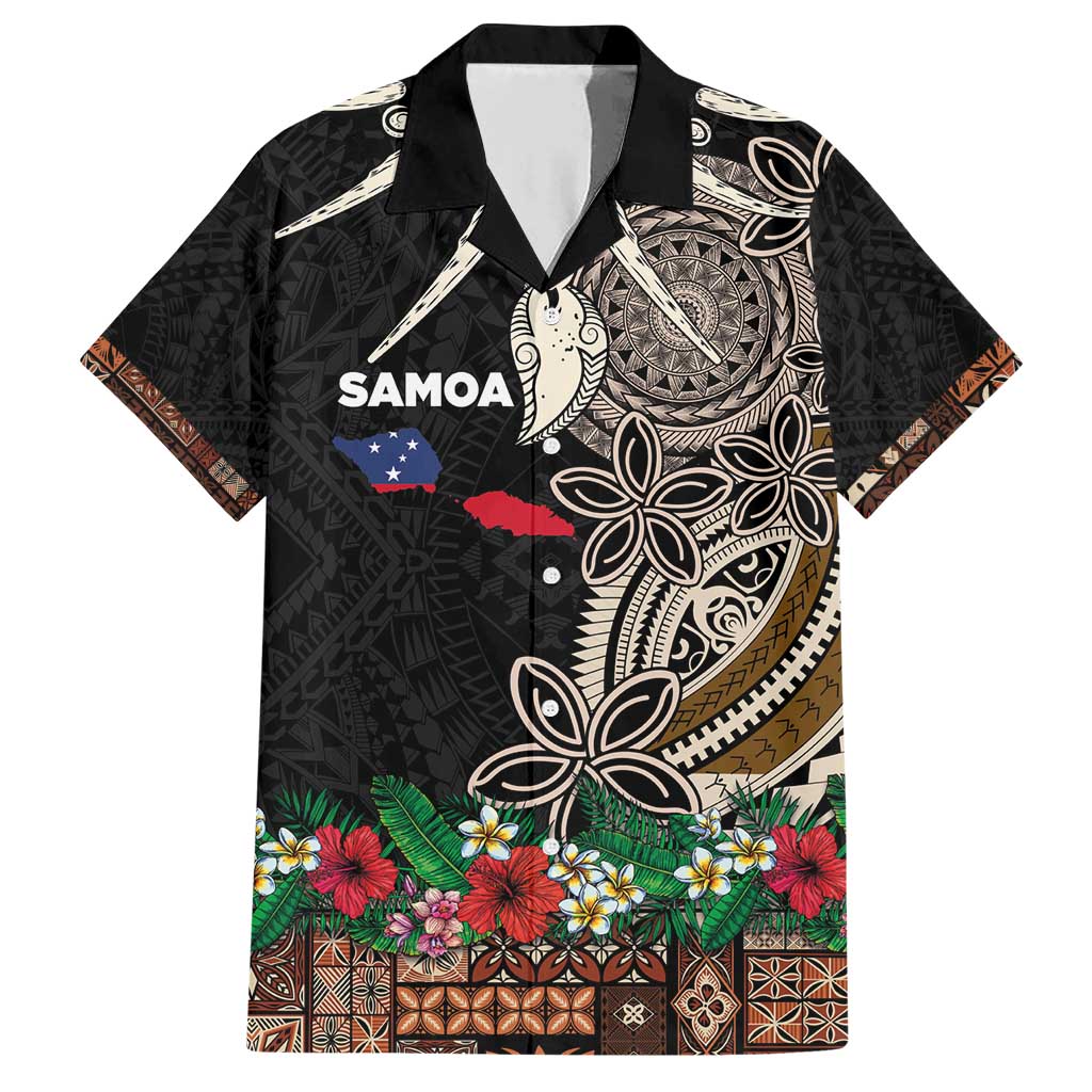 Samoa Siapo Polynesian Art Family Matching Short Sleeve Bodycon Dress and Hawaiian Shirt Tropical Flowers and Tatau Pattern Brown
