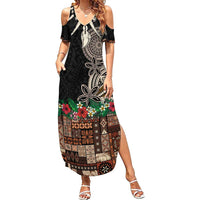 Samoa Siapo Polynesian Art Family Matching Summer Maxi Dress and Hawaiian Shirt Tropical Flowers and Tatau Pattern Brown