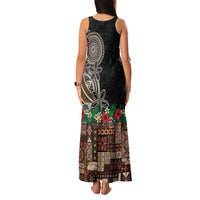 Samoa Siapo Polynesian Art Family Matching Tank Maxi Dress and Hawaiian Shirt Tropical Flowers and Tatau Pattern Brown
