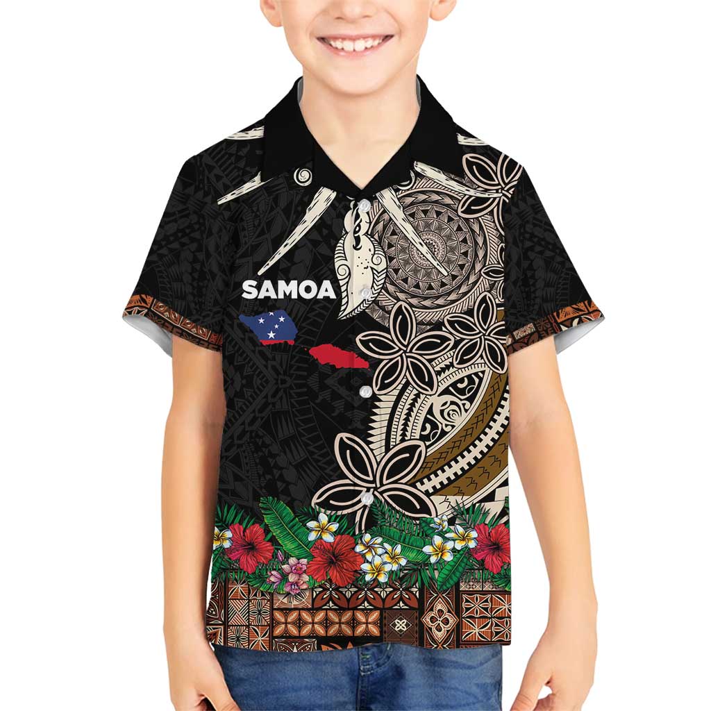 Samoa Siapo Polynesian Art Family Matching Tank Maxi Dress and Hawaiian Shirt Tropical Flowers and Tatau Pattern Brown