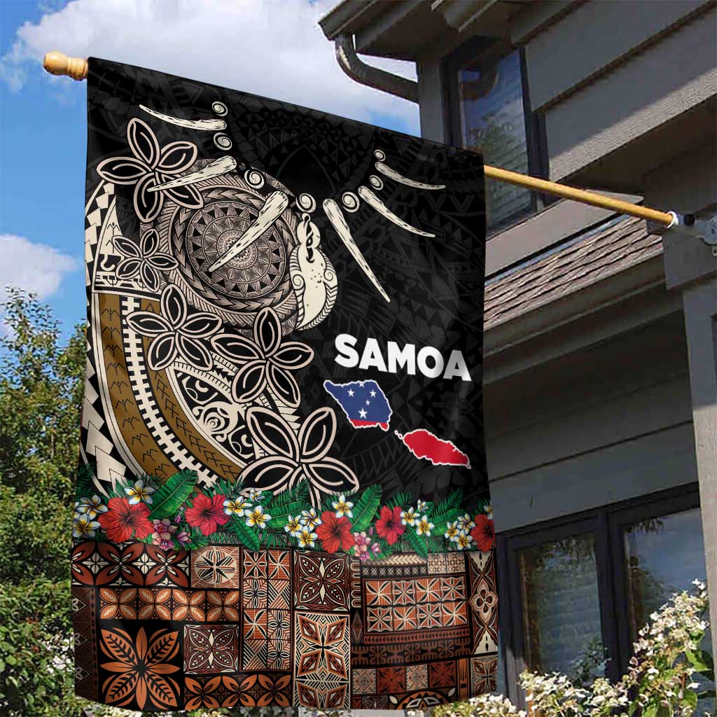 Samoa Siapo Polynesian Art Garden Flag Tropical Flowers and Tatau Pattern Brown
