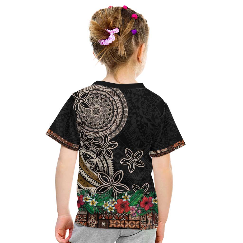 Samoa Siapo Polynesian Art Kid T Shirt Tropical Flowers and Tatau Pattern Brown LT03 - Polynesian Pride