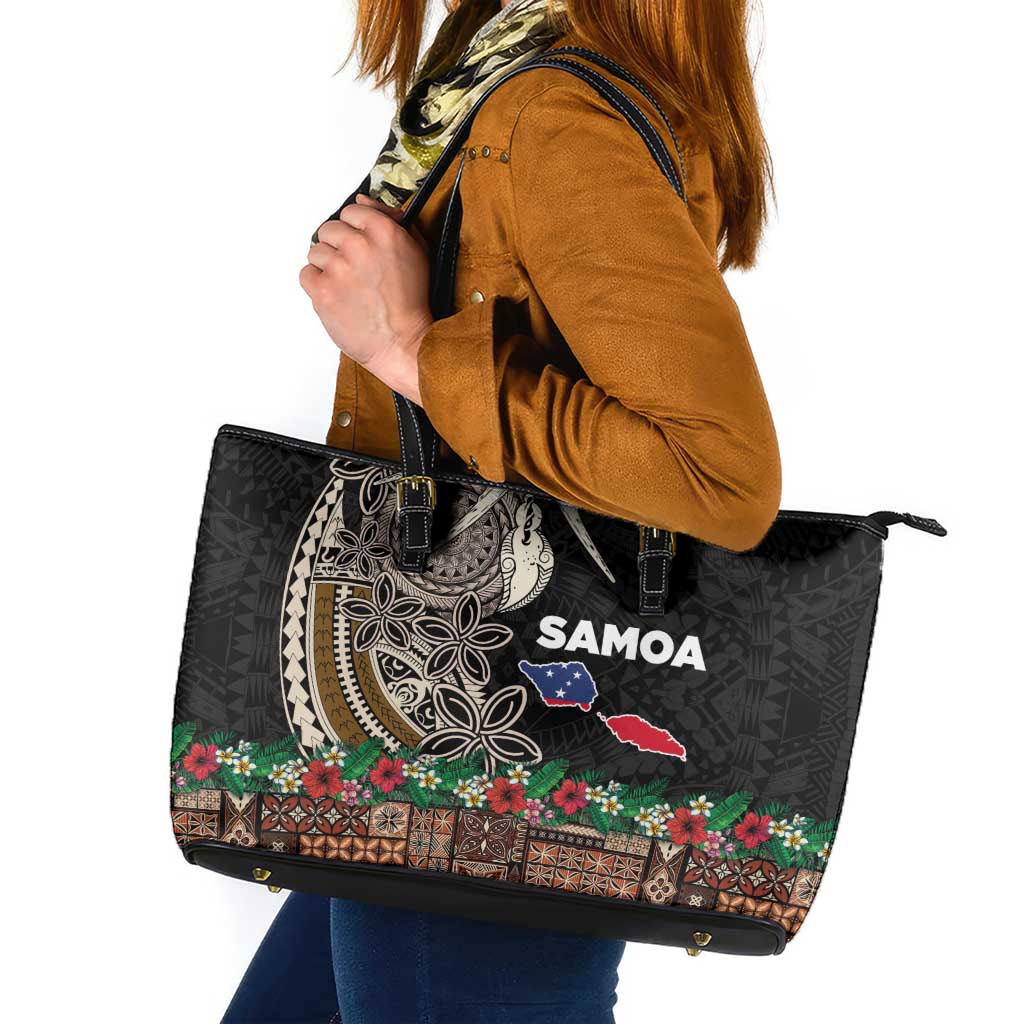 Samoa Siapo Polynesian Art Leather Tote Bag Tropical Flowers and Tatau Pattern Brown