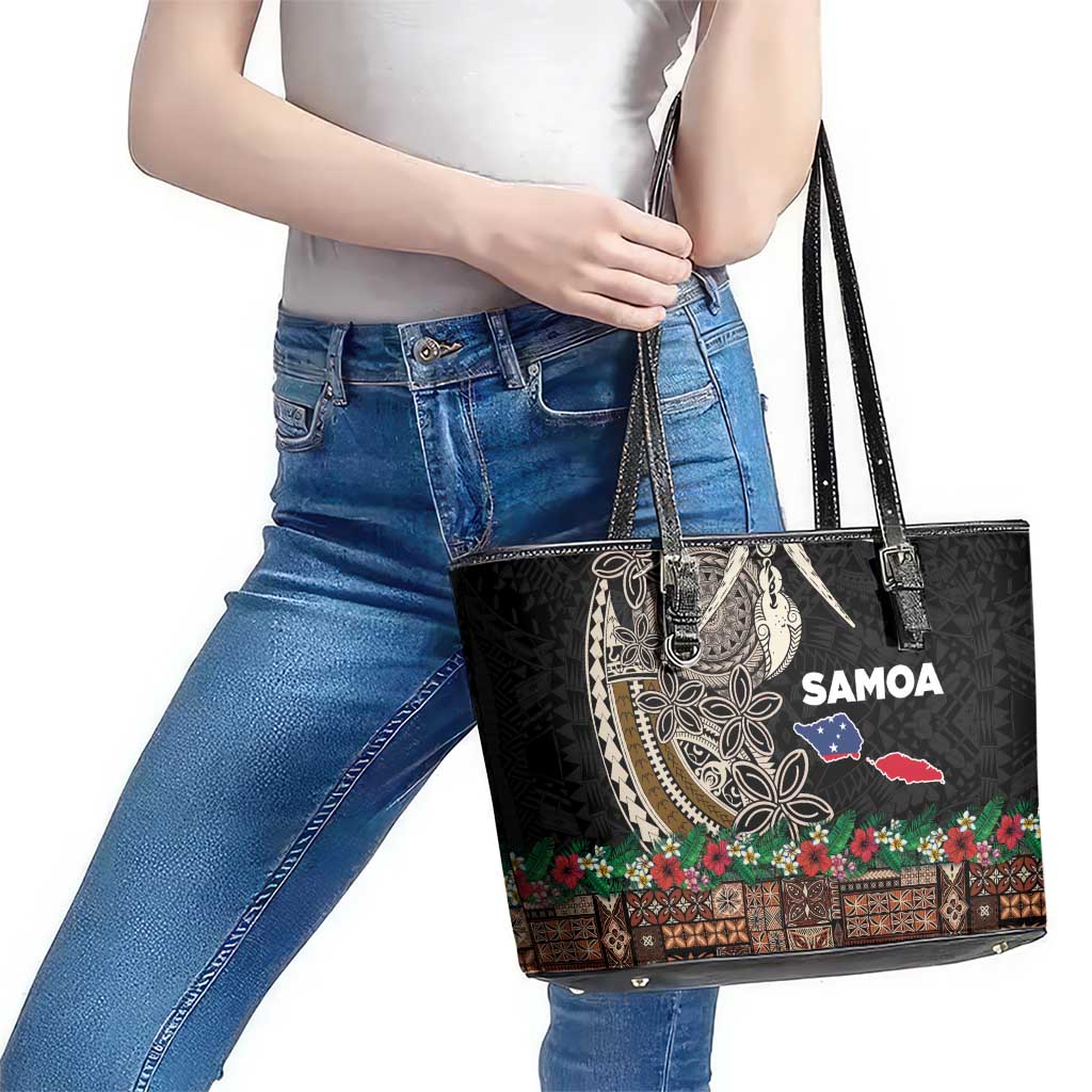 Samoa Siapo Polynesian Art Leather Tote Bag Tropical Flowers and Tatau Pattern Brown