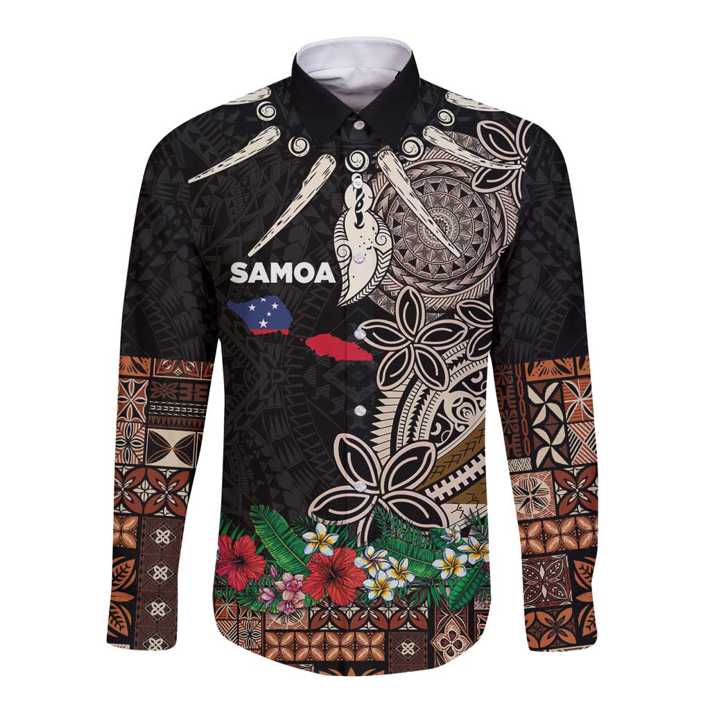 Samoa Siapo Polynesian Art Long Sleeve Button Shirt Tropical Flowers and Tatau Pattern Brown LT03 Unisex Brown - Polynesian Pride