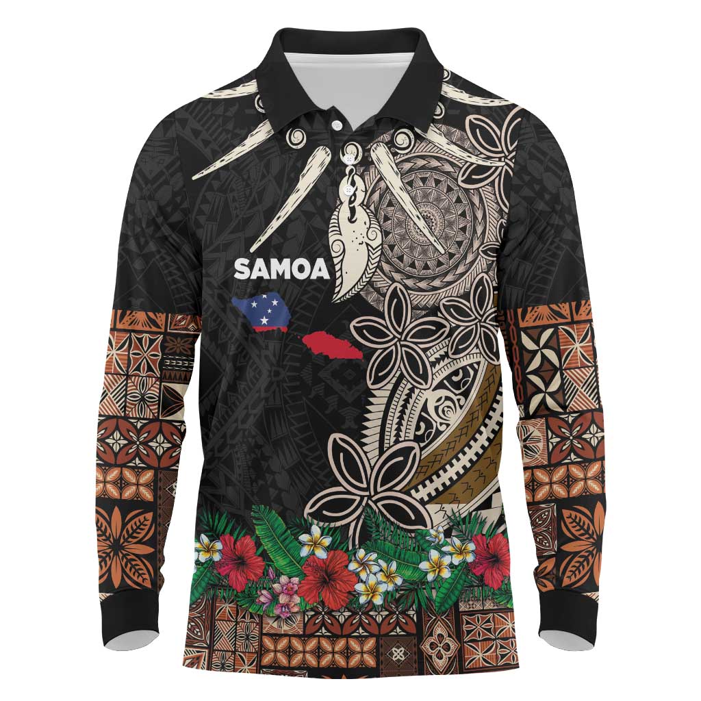 Samoa Siapo Polynesian Art Long Sleeve Polo Shirt Tropical Flowers and Tatau Pattern Brown LT03 Brown - Polynesian Pride