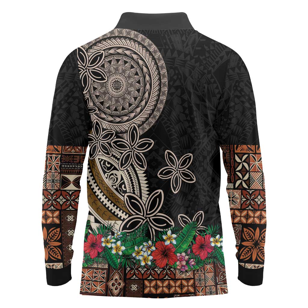 Samoa Siapo Polynesian Art Long Sleeve Polo Shirt Tropical Flowers and Tatau Pattern Brown LT03 - Polynesian Pride