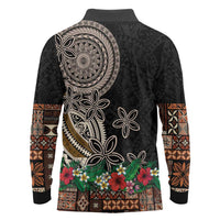 Samoa Siapo Polynesian Art Long Sleeve Polo Shirt Tropical Flowers and Tatau Pattern Brown LT03 - Polynesian Pride