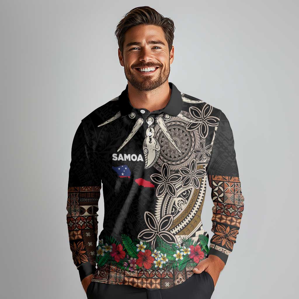Samoa Siapo Polynesian Art Long Sleeve Polo Shirt Tropical Flowers and Tatau Pattern Brown LT03 - Polynesian Pride