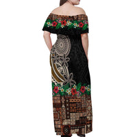 Samoa Siapo Polynesian Art Off Shoulder Maxi Dress Tropical Flowers and Tatau Pattern Brown