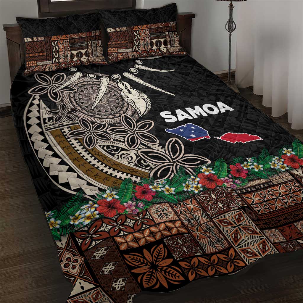 Samoa Siapo Polynesian Art Quilt Bed Set Tropical Flowers and Tatau Pattern Brown