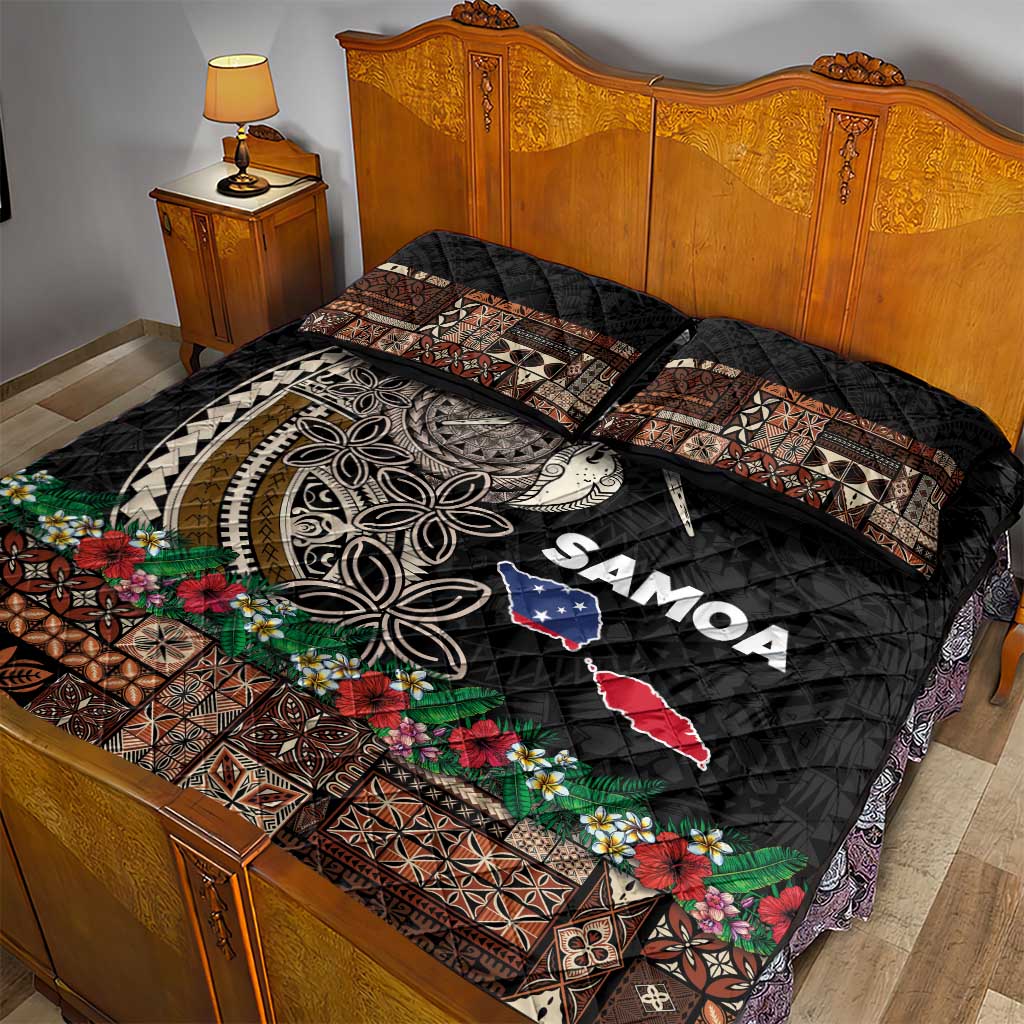 Samoa Siapo Polynesian Art Quilt Bed Set Tropical Flowers and Tatau Pattern Brown