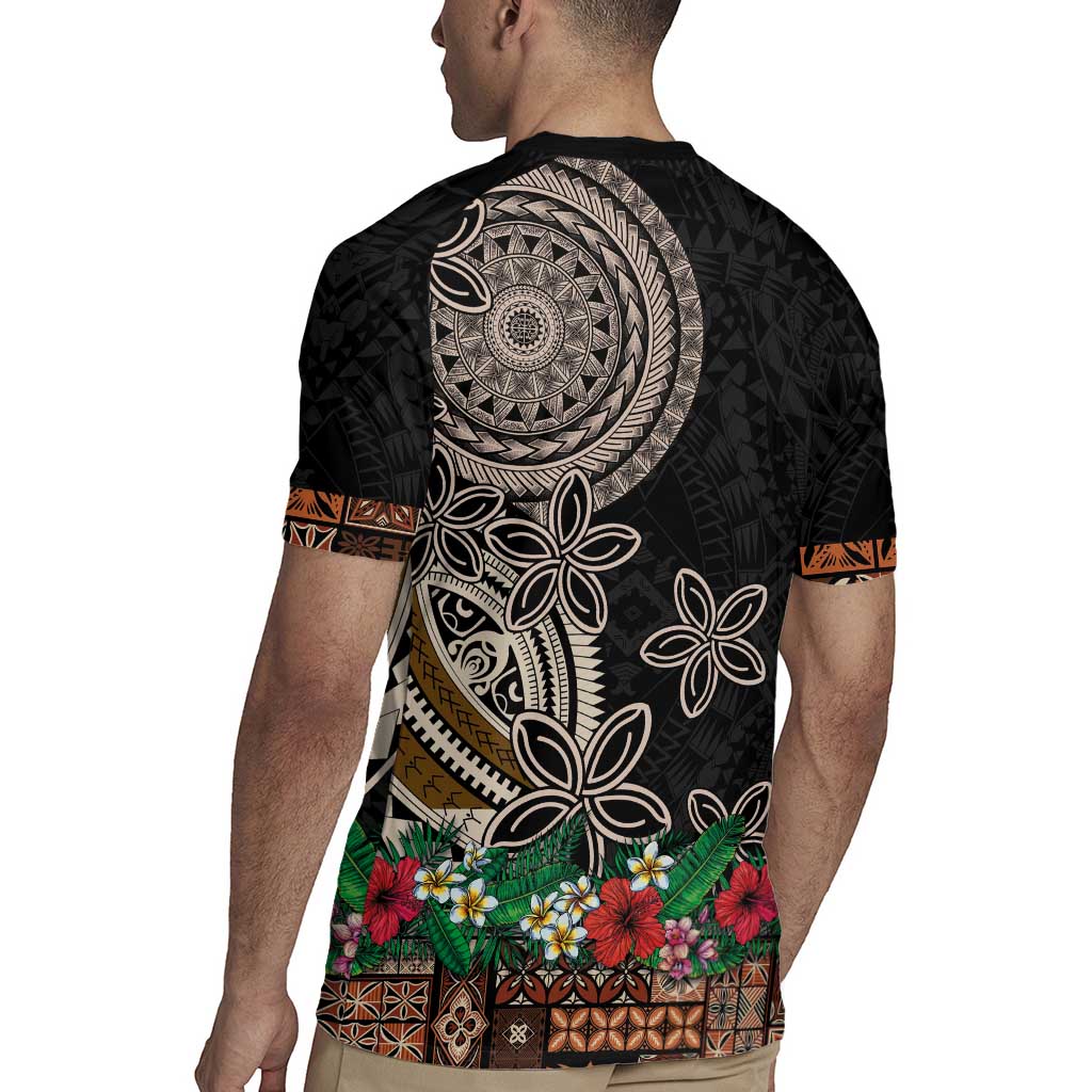 Samoa Siapo Polynesian Art Rugby Jersey Tropical Flowers and Tatau Pattern Brown