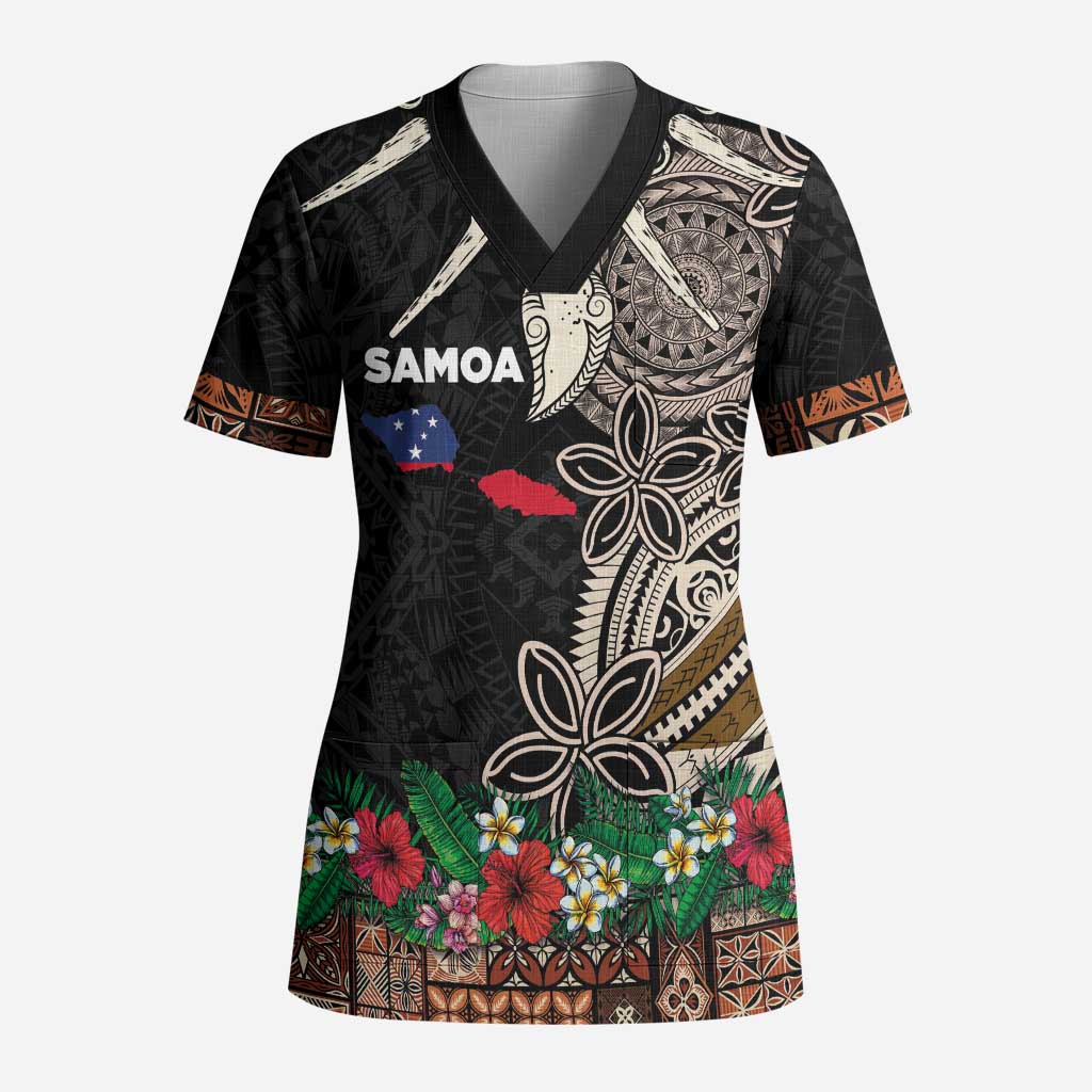 Samoa Siapo Polynesian Art Scrub Top Tropical Flowers and Tatau Pattern Brown - Polynesian Pride
