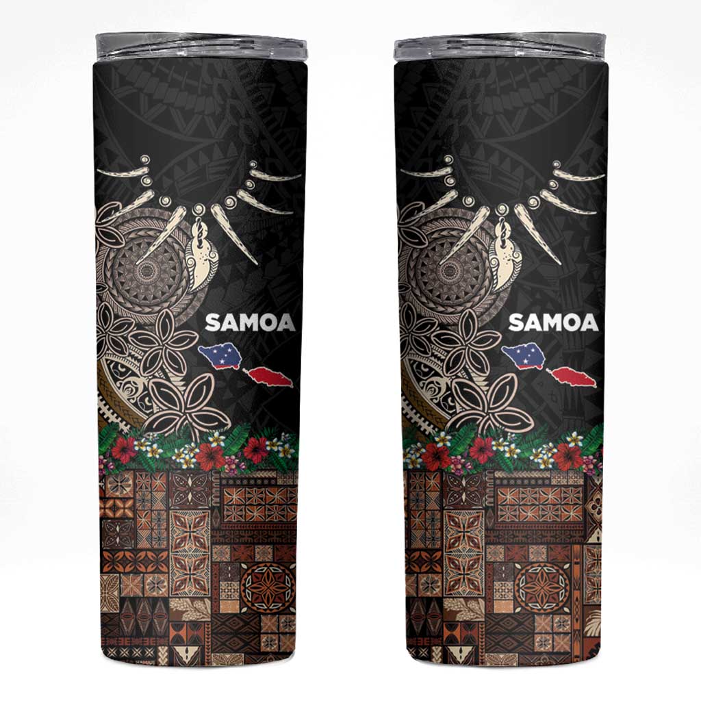 Samoa Siapo Polynesian Art Skinny Tumbler Tropical Flowers and Tatau Pattern Brown LT03 Brown - Polynesian Pride