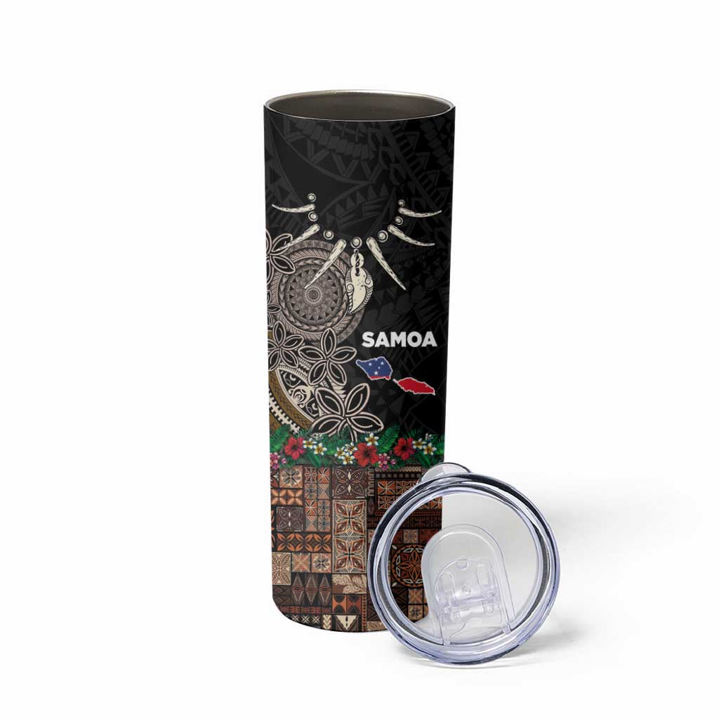 Samoa Siapo Polynesian Art Skinny Tumbler Tropical Flowers and Tatau Pattern Brown LT03 - Polynesian Pride