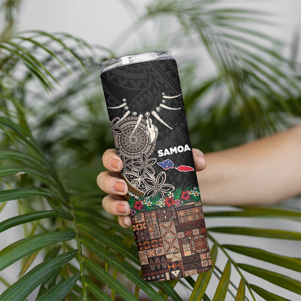 Samoa Siapo Polynesian Art Skinny Tumbler Tropical Flowers and Tatau Pattern Brown LT03 - Polynesian Pride
