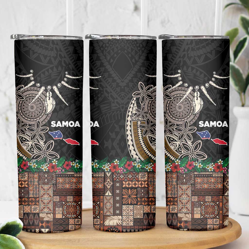 Samoa Siapo Polynesian Art Skinny Tumbler Tropical Flowers and Tatau Pattern Brown LT03 - Polynesian Pride
