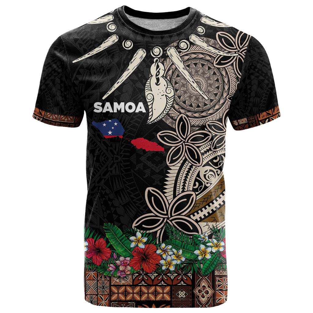 Samoa Siapo Polynesian Art T Shirt Tropical Flowers and Tatau Pattern Brown