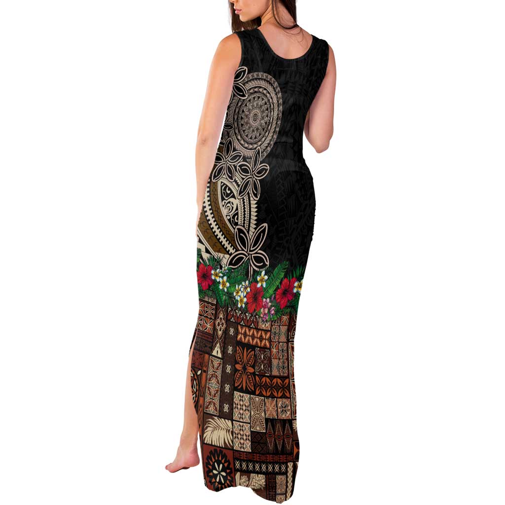 Samoa Siapo Polynesian Art Tank Maxi Dress Tropical Flowers and Tatau Pattern Brown
