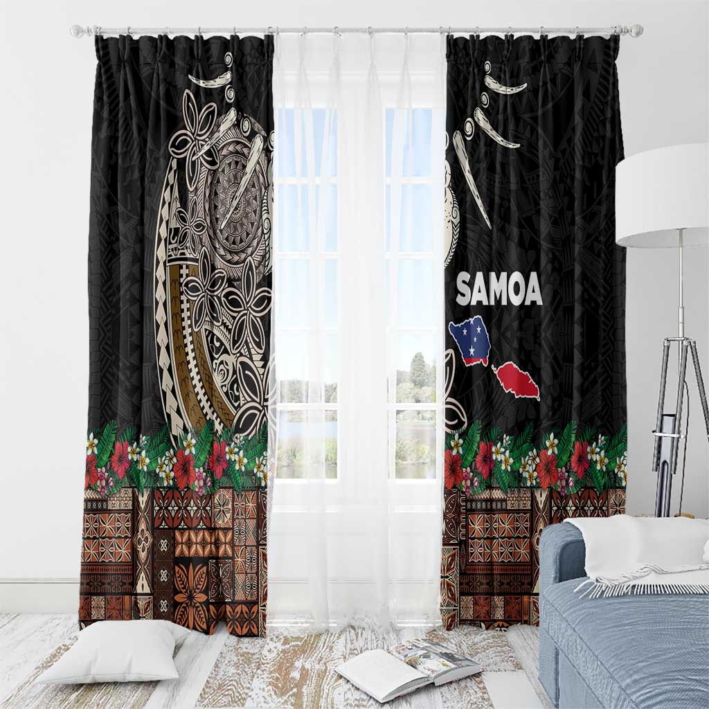 Samoa Siapo Polynesian Art Window Curtain Tropical Flowers and Tatau Pattern Brown