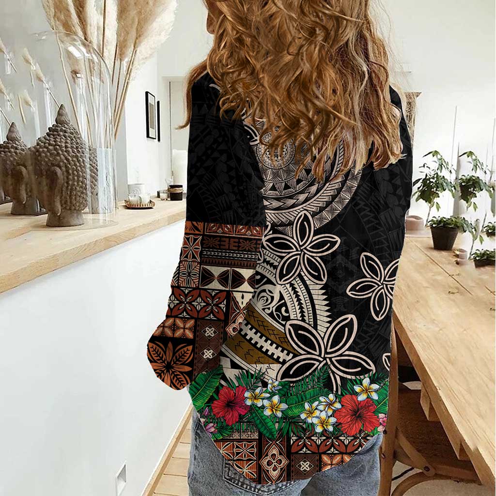 Samoa Siapo Polynesian Art Women Casual Shirt Tropical Flowers and Tatau Pattern Brown