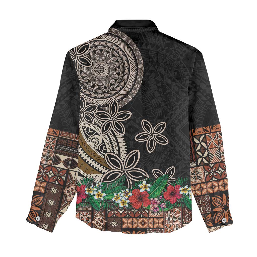 Samoa Siapo Polynesian Art Women Casual Shirt Tropical Flowers and Tatau Pattern Brown