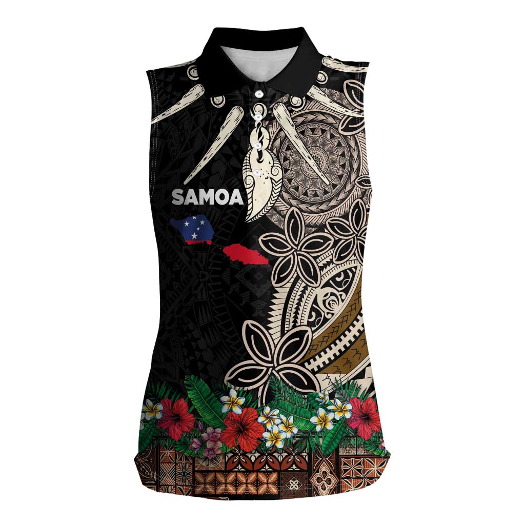 Samoa Siapo Polynesian Art Women Sleeveless Polo Shirt Tropical Flowers and Tatau Pattern Brown LT03 Female Brown - Polynesian Pride