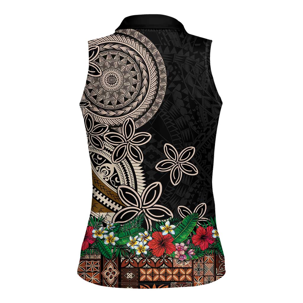 Samoa Siapo Polynesian Art Women Sleeveless Polo Shirt Tropical Flowers and Tatau Pattern Brown LT03 - Polynesian Pride